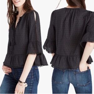 Madewell Black Top with Pompoms and Peekaboo Shoulders Size XS